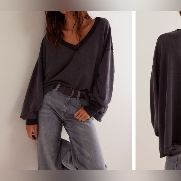 Free People Tops - NWOT Free People Venice V-Neck Sweatshirt Charcoal Med